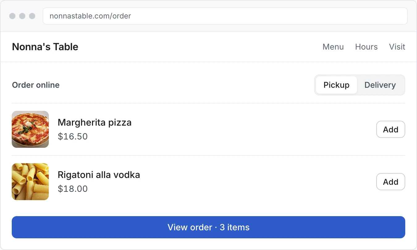A restaurant website at nonnastable.com/order with the Delitero menu embedded: a Pickup and Delivery toggle, Margherita pizza and Rigatoni alla vodka with photos and prices, and a View order button.