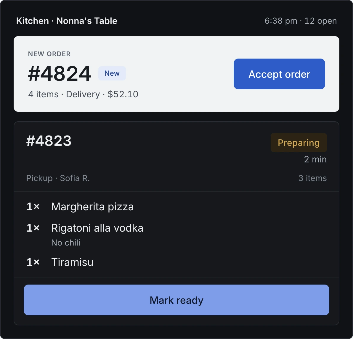 The Delitero kitchen display in dark mode: a full-width banner for new order 4824 with a New chip and an Accept order button, above ticket 4823 in the Preparing state with a Mark ready button.